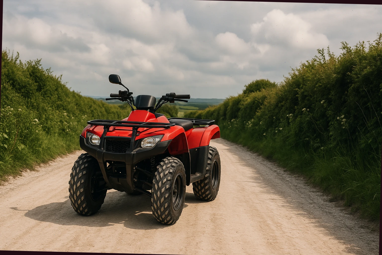 Electric quad bike on a Dorset chalk lane near hedgerows under soft cloud