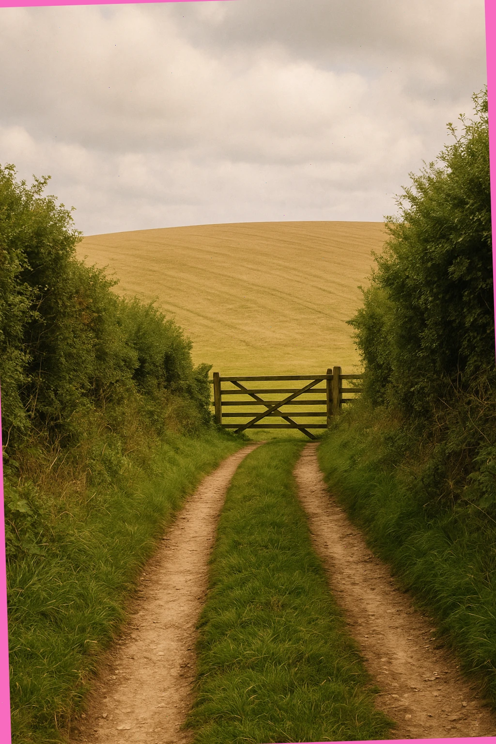 Narrow Dorset byway with hedges and a gate along a rolling field